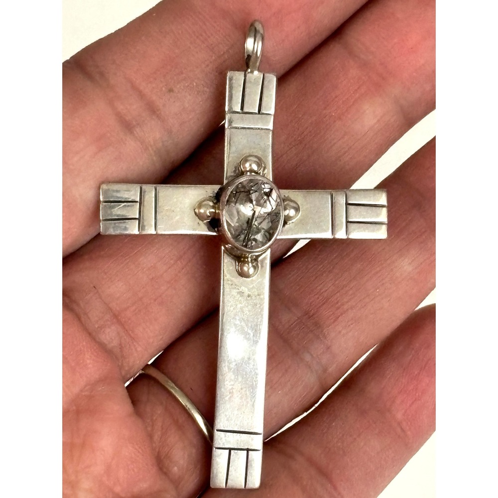 Vintage Sterling Silver Modernist Cross Pendant Quartz Stone‎
